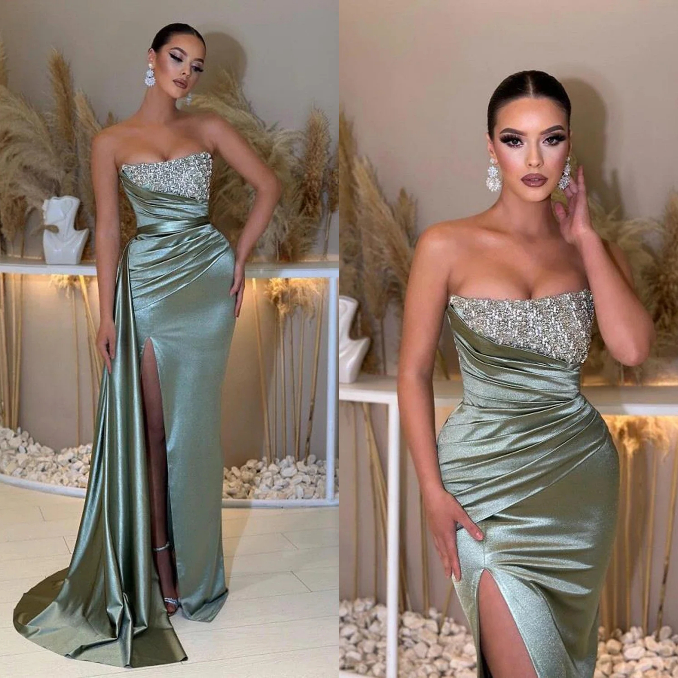 Vintage Evening Dresses Strapless Sleeveless Dress Sequins Ruffles Prom Party Split Side Sweep Train Gown Custom Made