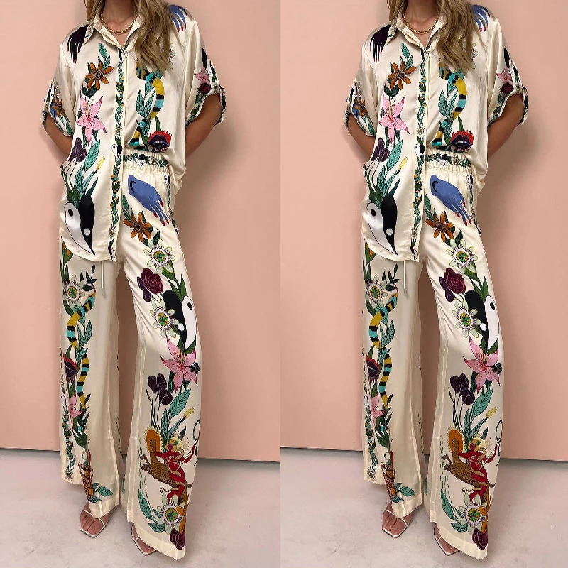 Two-Piece Set Women Suit Graffiti Print Short Sleeved Lapel Shirt and Elastic Waist Casual Wide Leg Pants Home Loose Outfits 240603