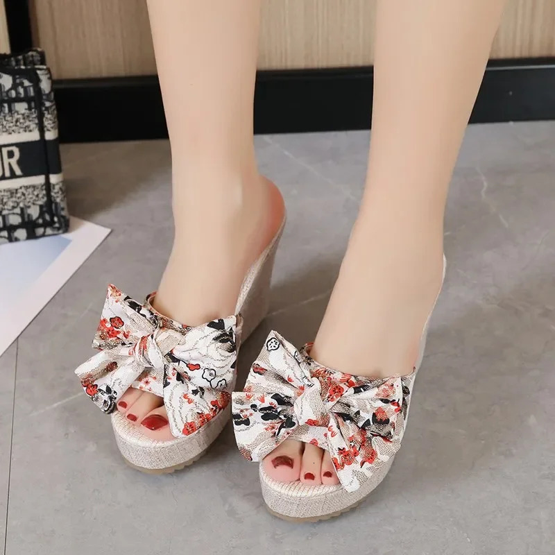 Womens Slide Sweet Bow Womens Open Toe Summer Sexy Flower Shoes High Heel Slide Womens Slide Platform Wedge Shoes 240605