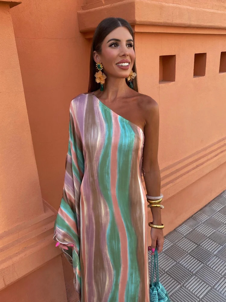 Striped Contrasting Oblique Shoulder Womens Sundress Asymmetric Sleeves Long Dress Ladies Summer Party Evening Clothes 240603