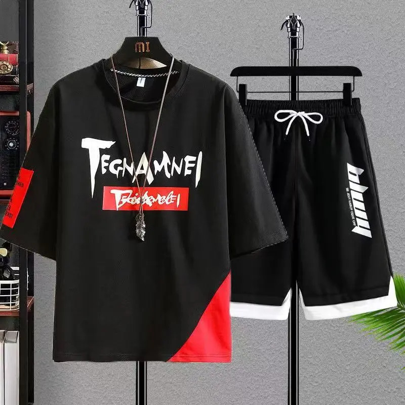 Plus Size 7XL Summer Mens Sets Fashion Patchwork Color Streetwear Tracksuit TShirt Shorts Set Men 2 Piece Joggers Sports Suit 240601