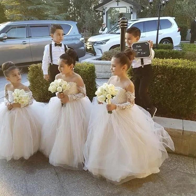 Vintage Sheer Long Sleeve Wer Girl Dresses Appliques Lace Tulle Jewel Neck Girls Birthday Communion Dress Custom Made Children Party Gowns Bc18957 666