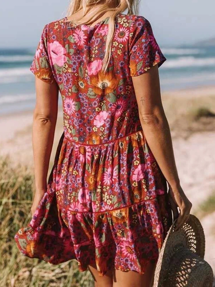 Vintage Chic Women Short Sleeve Floral Print Fashion Beach Bohemian Mini Dress Ladies V-neck Summer Rayon Cotton Boho Dresses 240529