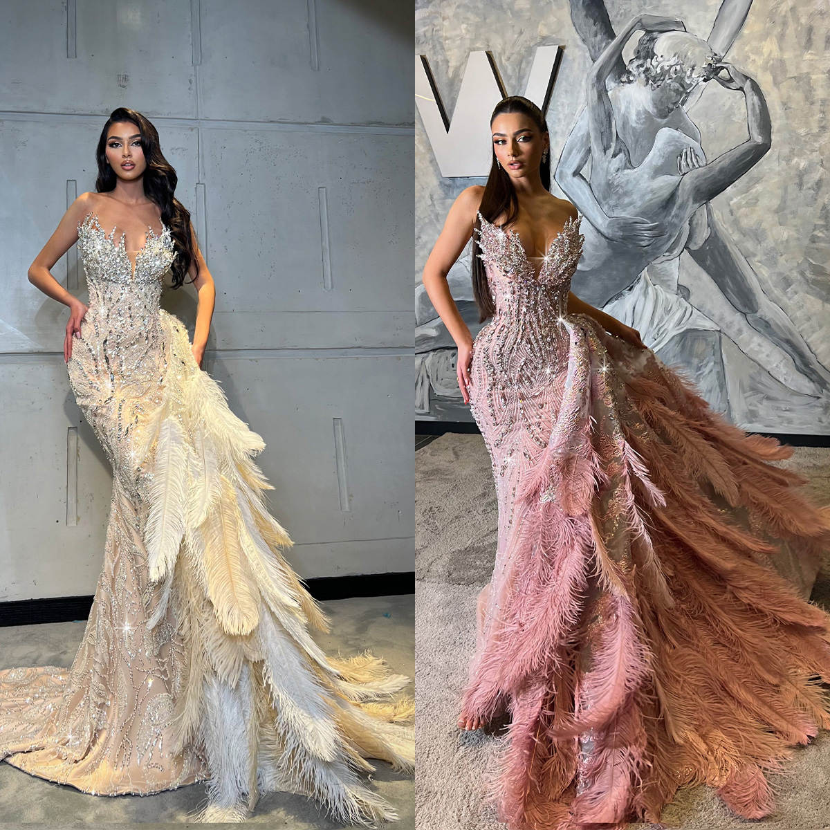 Gorgeous Mermaid Evening Dresses Strapless Sleeveless Gown Crystal Feather Sequins Sweep Train Prom Party Dress Custom Made