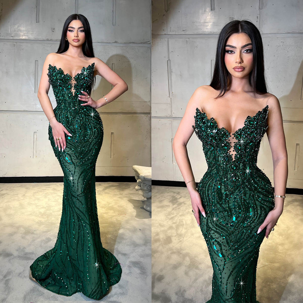 Mermaid Evening Dresses Strapless Sleeveless Gown Sequins Beads Appliques Sweep Train Prom Party Dress Custom Made