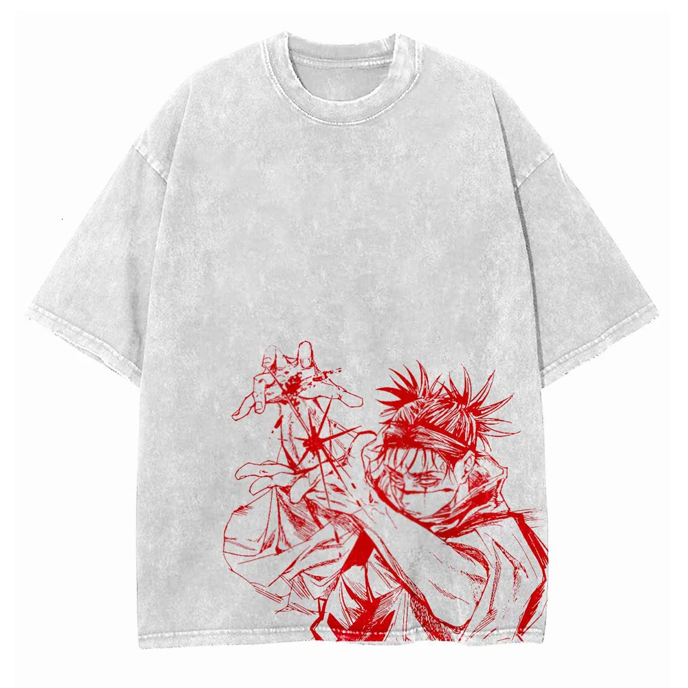 Hip Hop Streetwear Men Washed White Grey T-Shirt Anime Print Oversize Tshirt Summer Short Sleeve Cotton Vintage Tops Tees 240601