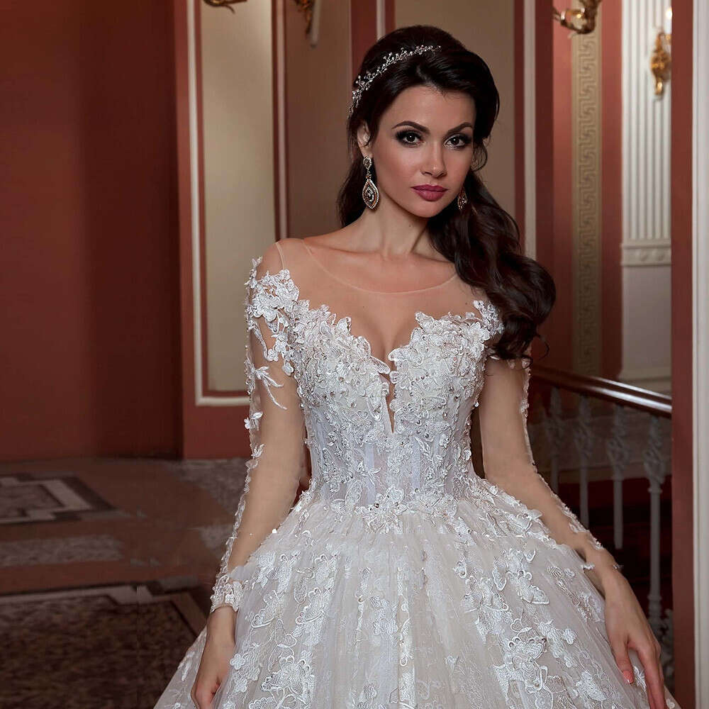 Gorgeous Lace Applique Robe Mariage Ball Gown Wedding Dress Long Sleeve Abito Da Sposa Vestidos De Novia Bride Dresses 0605 0219
