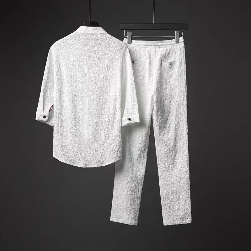 Summer Linen Suits Traditional Clothing Men Solid Tai Chi Uniform Retro V-neck Short Sleeve Shirt And Pants Two Piece Set 240530