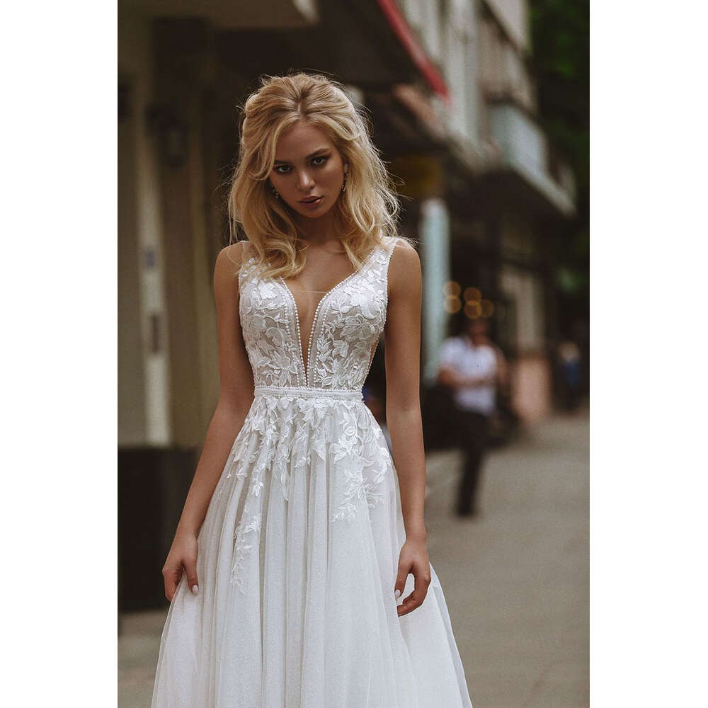 Elegant Boho Dresses V-Neck Appliques Lace A-Line Tulle Wedding Gown Beach Simple Bridal Dress Bestidos De Novia 0605