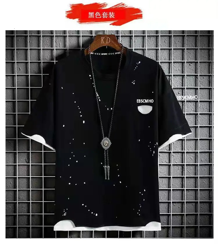 Plus Size 7XL Summer Mens Sets Fashion Patchwork Color Streetwear Tracksuit TShirt Shorts Set Men 2 Piece Joggers Sports Suit 240601