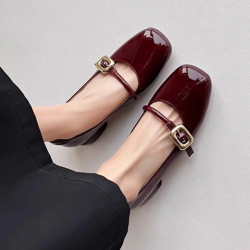 Shallow Mouth Single Women Spring and Autumn Low Mary Jane Shoes with Thick Heel Non-slip Square Patent 240605