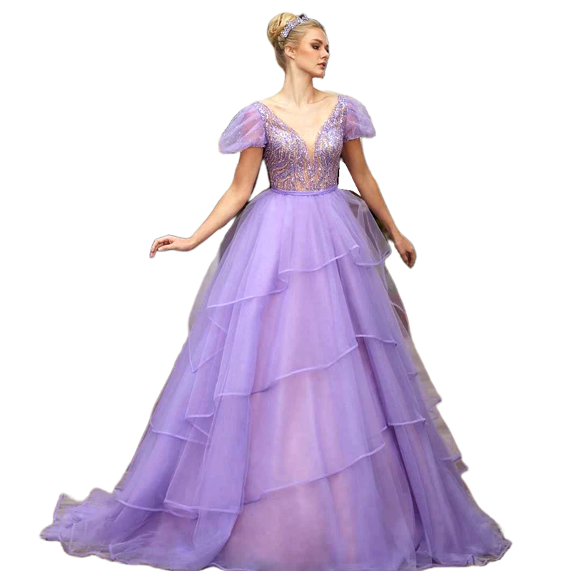 Tiered Lilac Prom Dresses With Short Puff Sleeves Sequins Beaded Sheer Crew Neck Special Occasion Dress For Women 2024 Long Princess Evening Gowns Bir