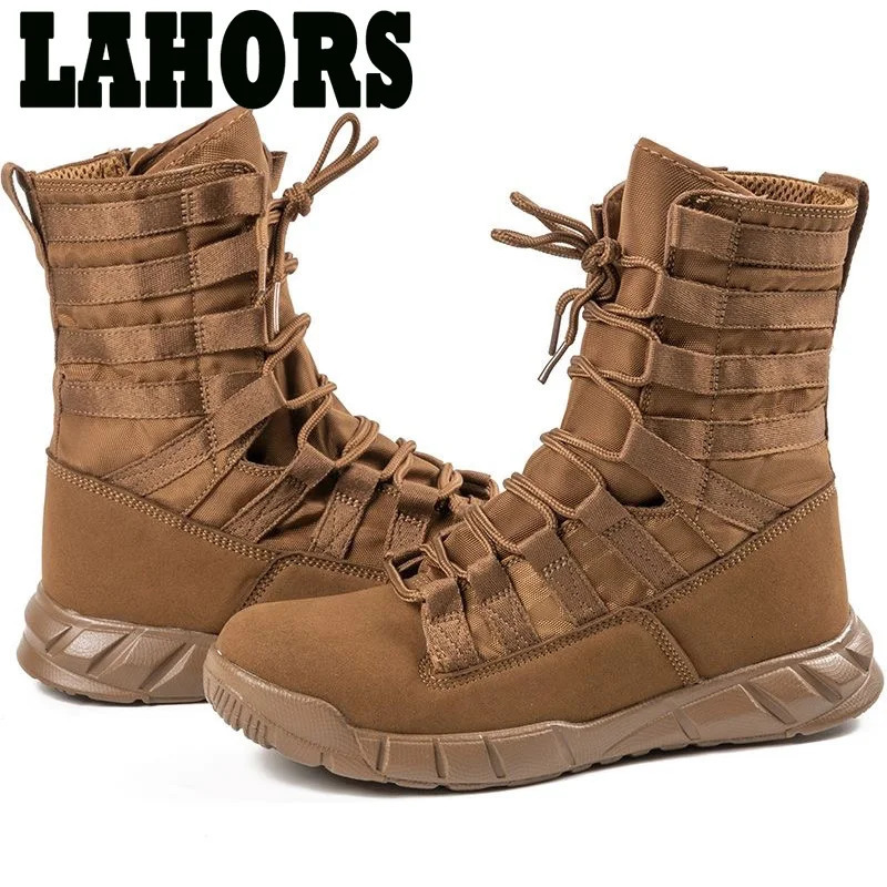 Free delivery of LAHORS light military tactical combat boots mens outdoor hiking desert army shoes breathable mens ankle boots 240605