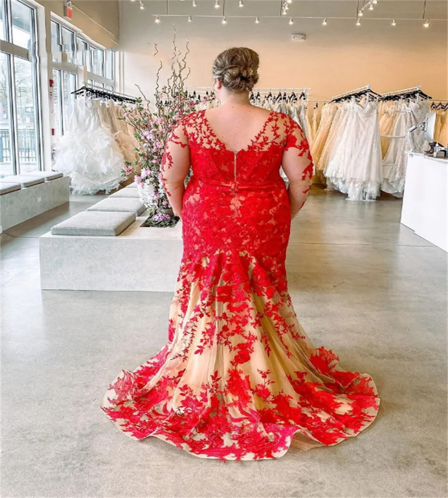 Classic Red And Champagne Mermaid Wedding Dresses with Removeable Train Lace Appliques Long Sleeves Bridal Dress 2024 Plus Size Wedding Gown