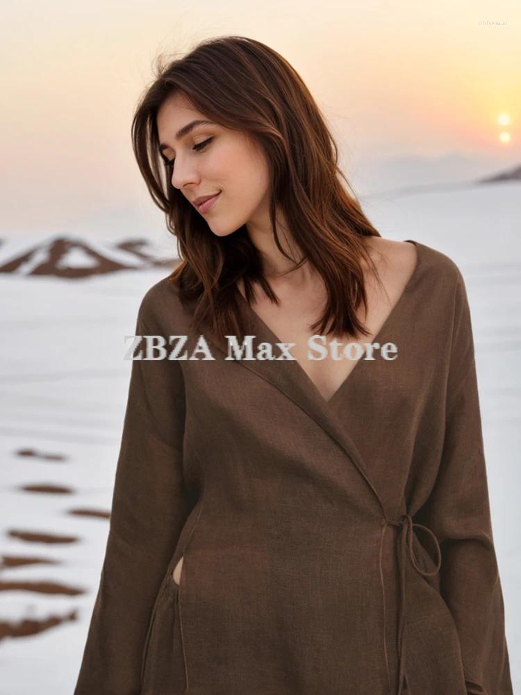 Women's Two Piece Pants ZBZA Textured Side Tie Up Coat Trousers Suit V-neck Long Sleeve Shirt Flowing Loose Wide Leg Chic Female Outfit