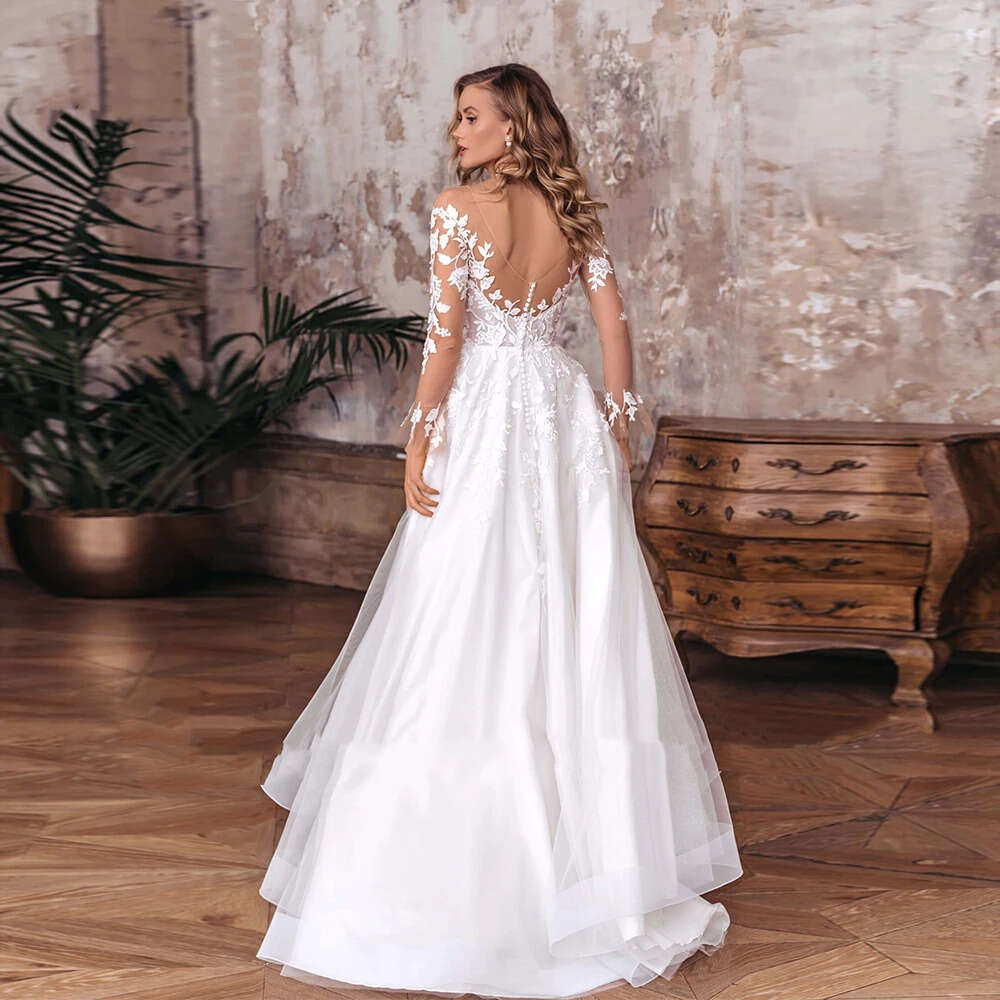 Sexy Side Slit Wedding Dresses For Women Soft Tulle Full Sleeve Bridal Gowns With Lace Summer Vestidos De Novia 2025 0605