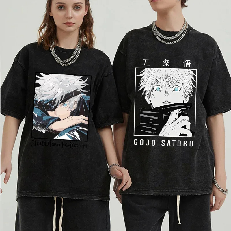 Retro Washed Cotton T-shirt Tops Anime Graphic Tees for Men Women Summer Casual Oversized Tshirt Harajuku Streetwear 240601