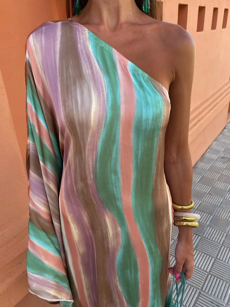 Striped Contrasting Oblique Shoulder Womens Sundress Asymmetric Sleeves Long Dress Ladies Summer Party Evening Clothes 240603