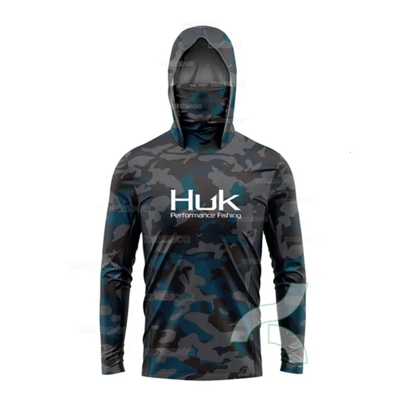 HUK Fishing Shirt Long Sleeve Anti-UV Fishing Hooded Shirts With Face Mask Fish Clothing Outdoor Sun Protection T-shirts UPF 50 240601