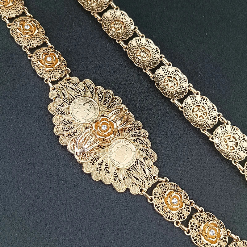 Turkish Coin Metal Belt Fashion Cutout Rose Flower Waist Chain French Party Robe Waist Jewelry Napoleon Pattern Bridal Gift 240531