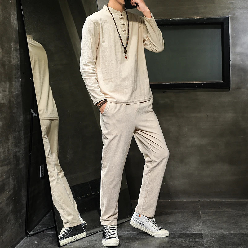 Arrival Mens Cotton and Linen Long Sleeve T-shirtPant Set Solid ShirtTrousers Home Suits Male 4 Colors Size M-5XL 8006 240530