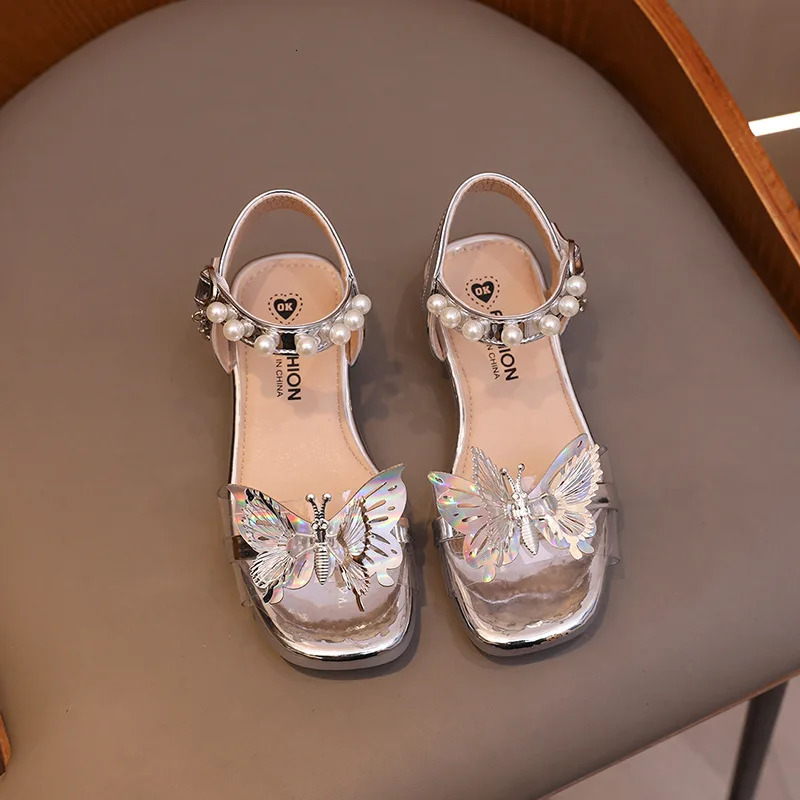 Children Sandals Little Girl Princess Shoes Summer Butterfly Pearl Low Heeled Sandals Kids Square Toe Soft Sole Dress Shoes 240524