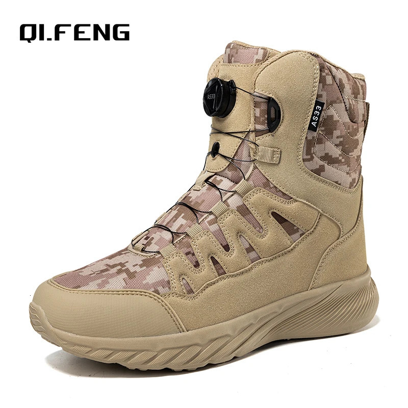 Large outdoor training military boots mens mountain hiking boots high top rotating buckle fashionable camouflage sports shoes 240605
