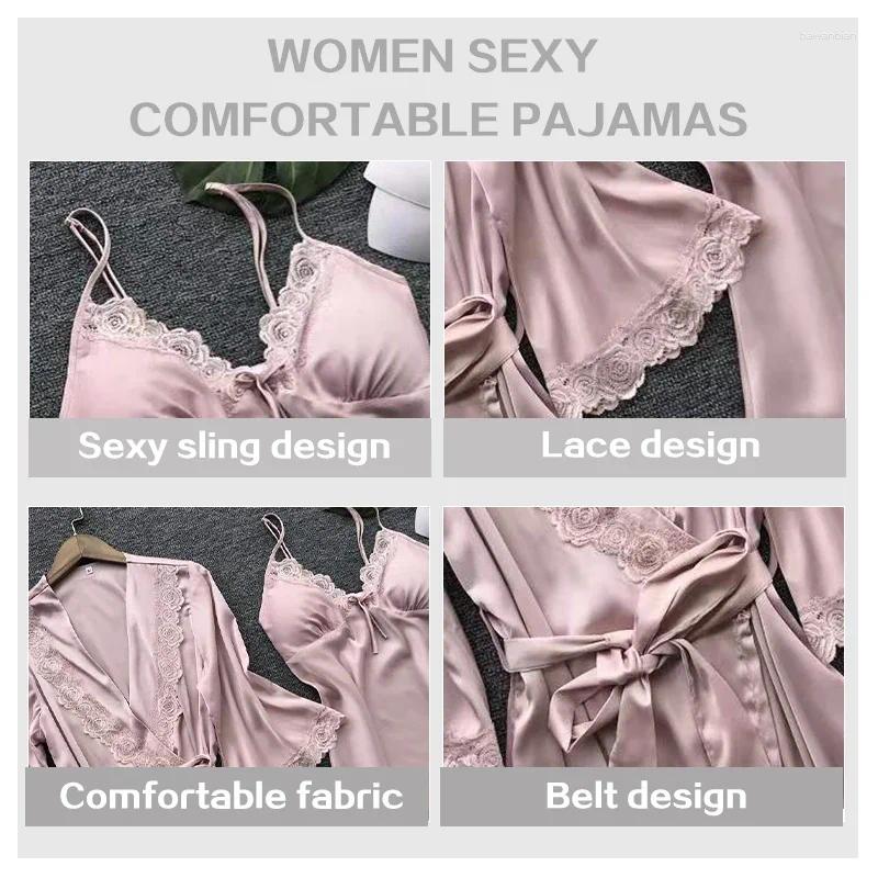 Home Clothing 2pcs Woman Sexy Pamas Sleepwear Lace Robe And Pants Lingerie Bathrobe Silk Satin Clothed Nightwear For Ladies