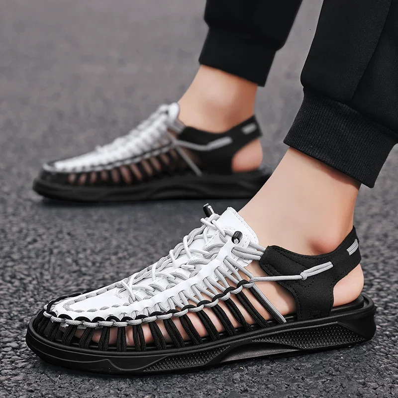 Mens summer sandals handcrafted woven shoelaces breathable beach sandals mens sliding shoes large-sized casual shoes 240605