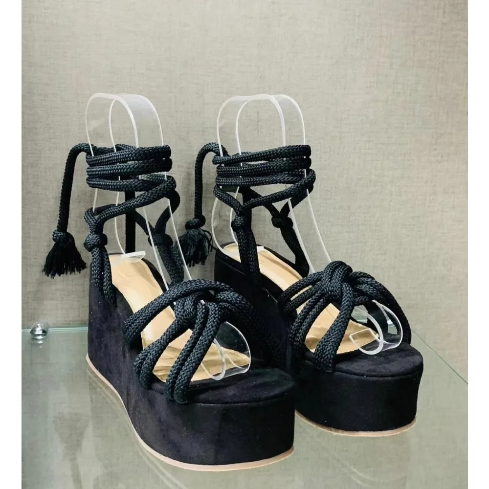 Platform Wedge Strappy Sandals Women Fashion Round Toe Cross Tied Open Toe Women Sandals Platform Sandals Zapatos De Mujer 240605