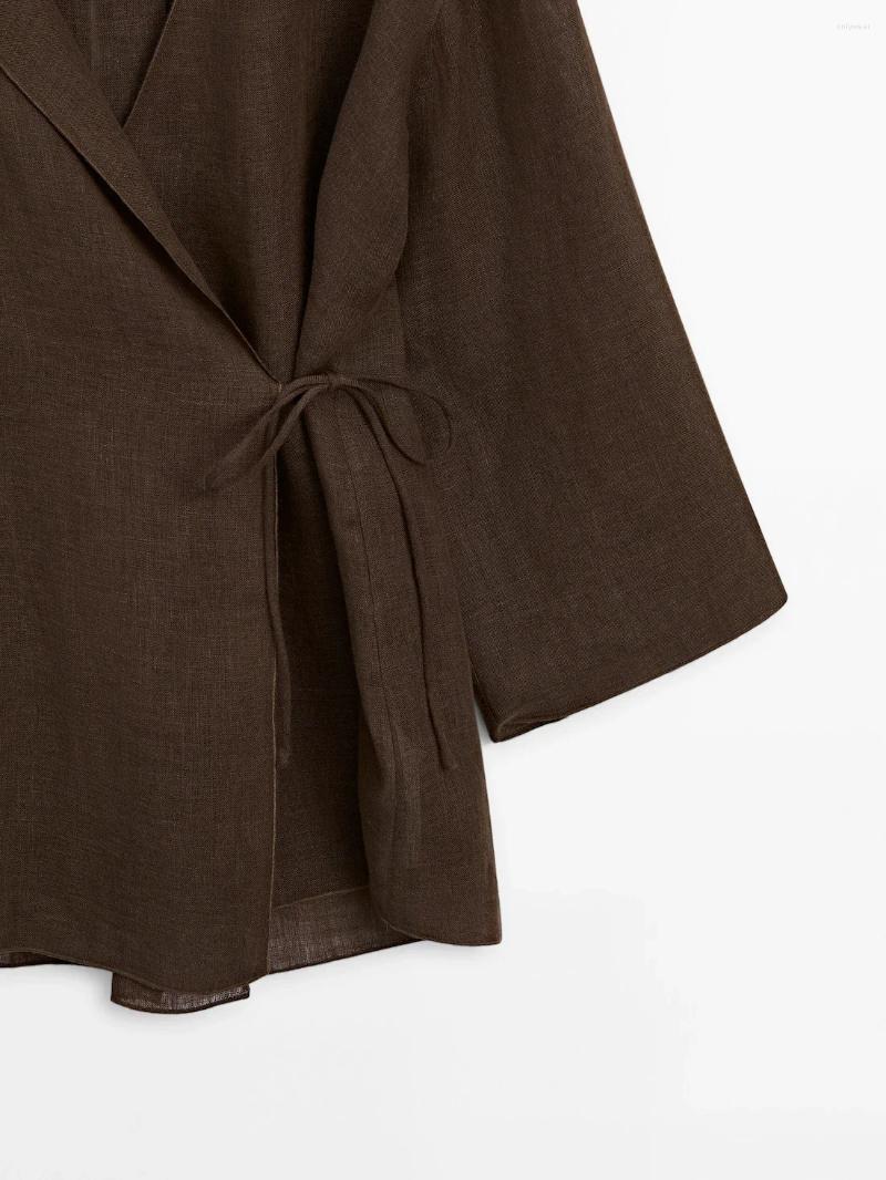 Women's Two Piece Pants ZBZA Textured Side Tie Up Coat Trousers Suit V-neck Long Sleeve Shirt Flowing Loose Wide Leg Chic Female Outfit