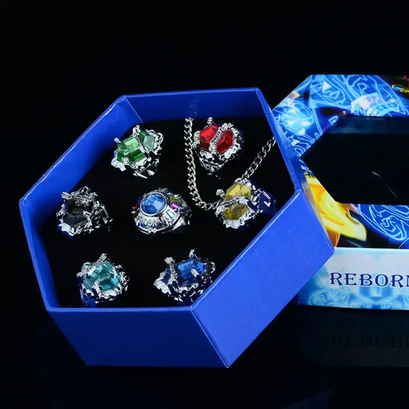 2024 7PcsSet Katekyo Hitman Reborn Vongola Alloy Rings Anime Cosplay Fashion Jewelry 240601