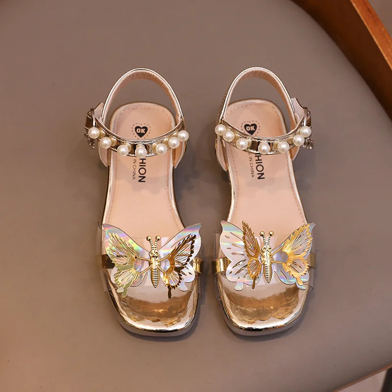 Children Sandals Little Girl Princess Shoes Summer Butterfly Pearl Low Heeled Sandals Kids Square Toe Soft Sole Dress Shoes 240524