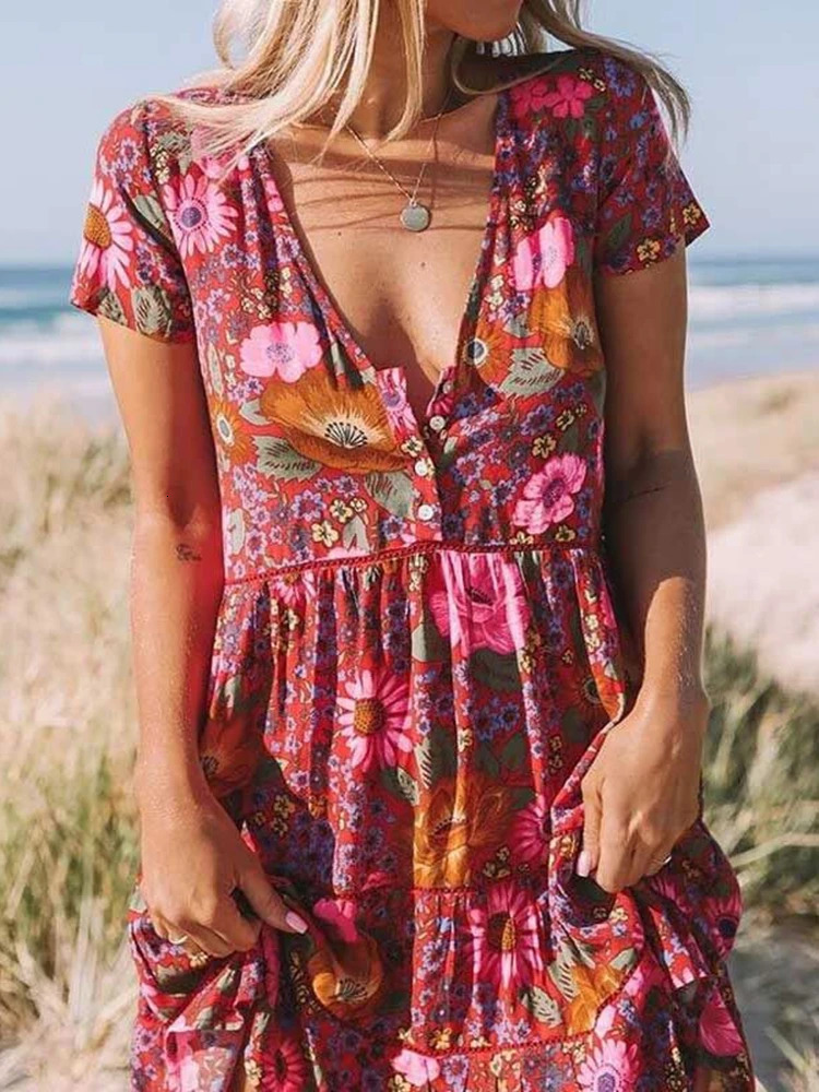 Vintage Chic Women Short Sleeve Floral Print Fashion Beach Bohemian Mini Dress Ladies V-neck Summer Rayon Cotton Boho Dresses 240529