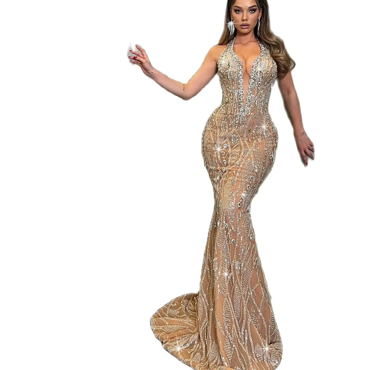 Halter Crystal Mermaid Evening Dresses Sleeveless Sequins Lace Party Gowns Women Prom Dress Floor Length Robe De Soriee