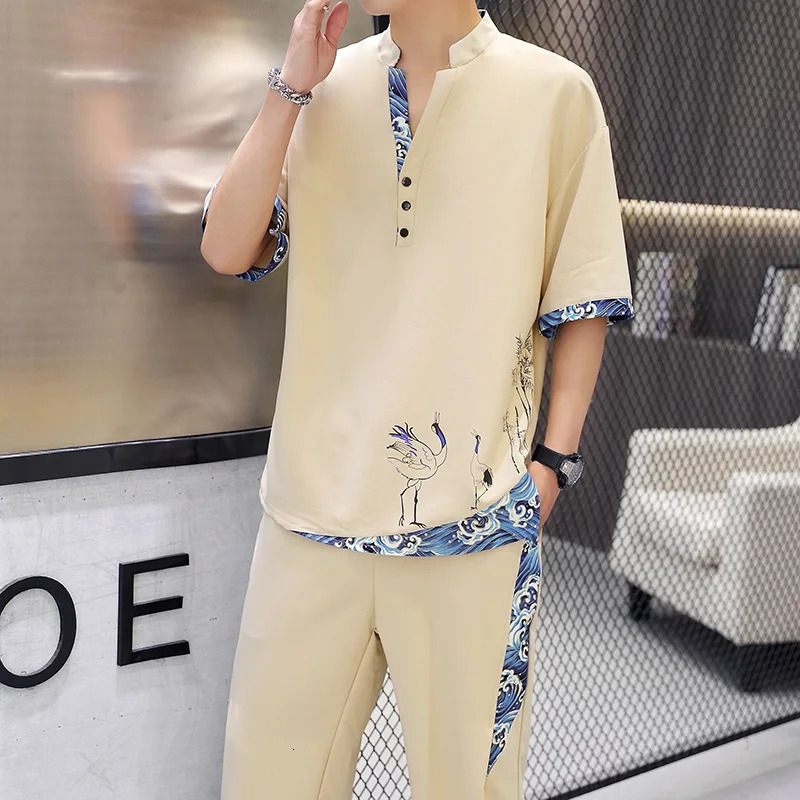 Shirts Pants autumn 100% Cotton linen Sportswear Mens Casual Sets spring Male Fashion trousers and shirts men 240530