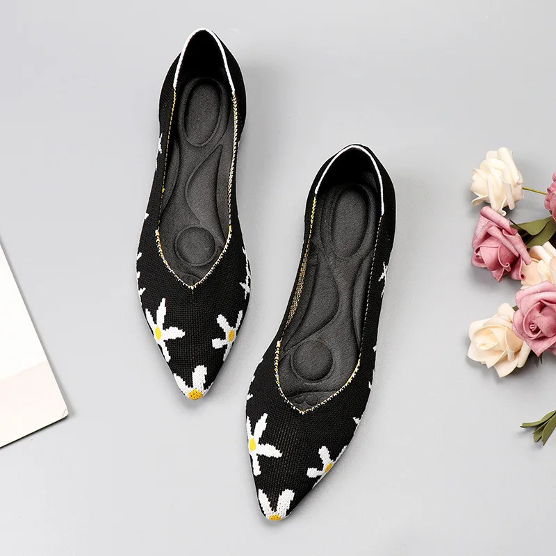 Breathable Polyester Shoes Women Spring Flats Pointy Toe Ballerinas Ladies Stretch Knitted Loafers Femme Daily Dress Mocasines 240605