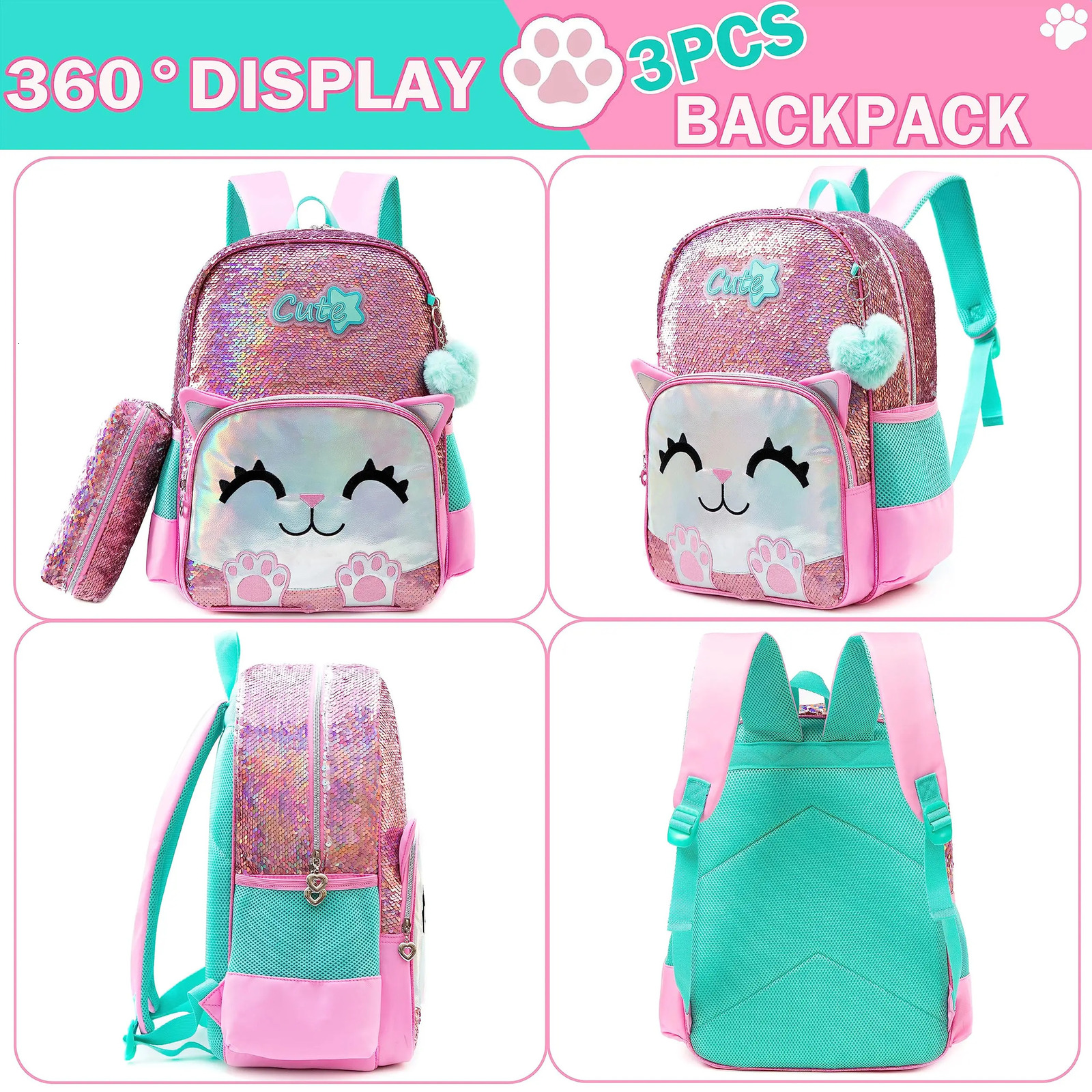 Meetbelify Cute Backpack for Girls School Kids Sequin Bookbag for Elementary Kindergarten Students with Lunch Box Pencil Case 240530