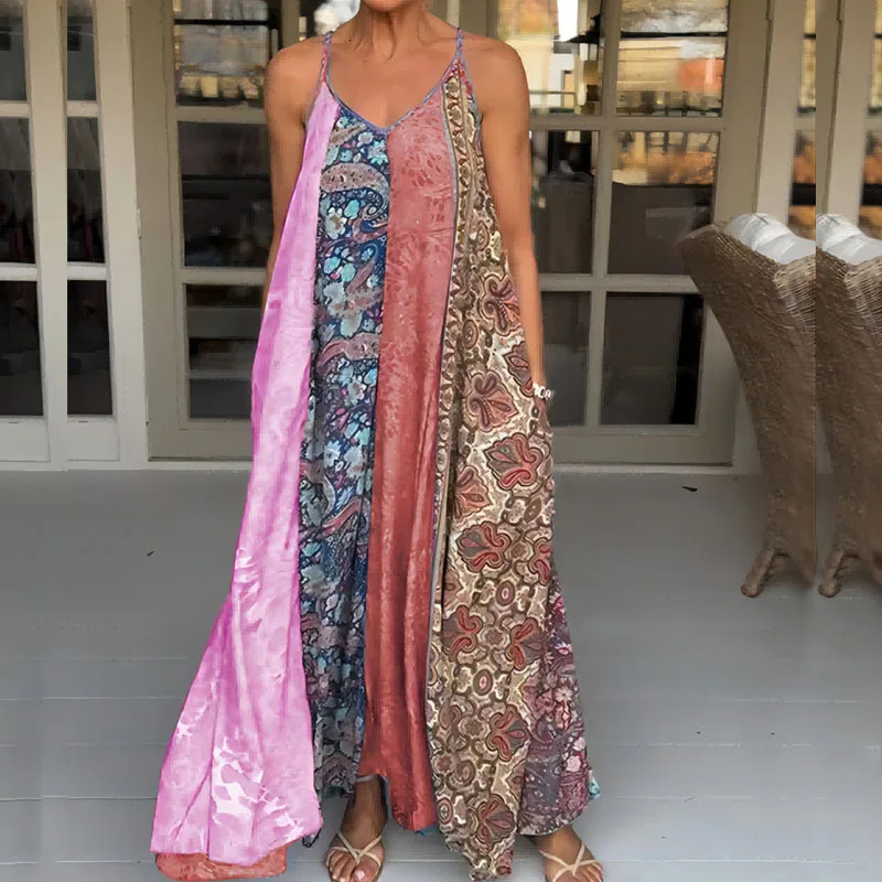 Bohemian Floral Print Pocket Spaghetti Strap Dress Fashion Lady V Neck Patchwork Long Dress Casual Loose Sleeveless Summer Dress 240529
