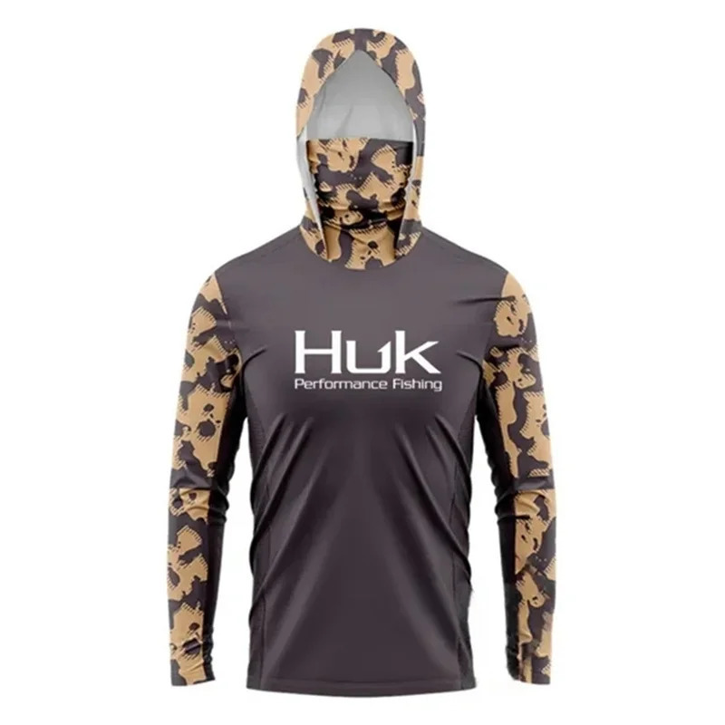 HUK Fishing Shirt Long Sleeve Anti-UV Fishing Hooded Shirts With Face Mask Fish Clothing Outdoor Sun Protection T-shirts UPF 50 240601