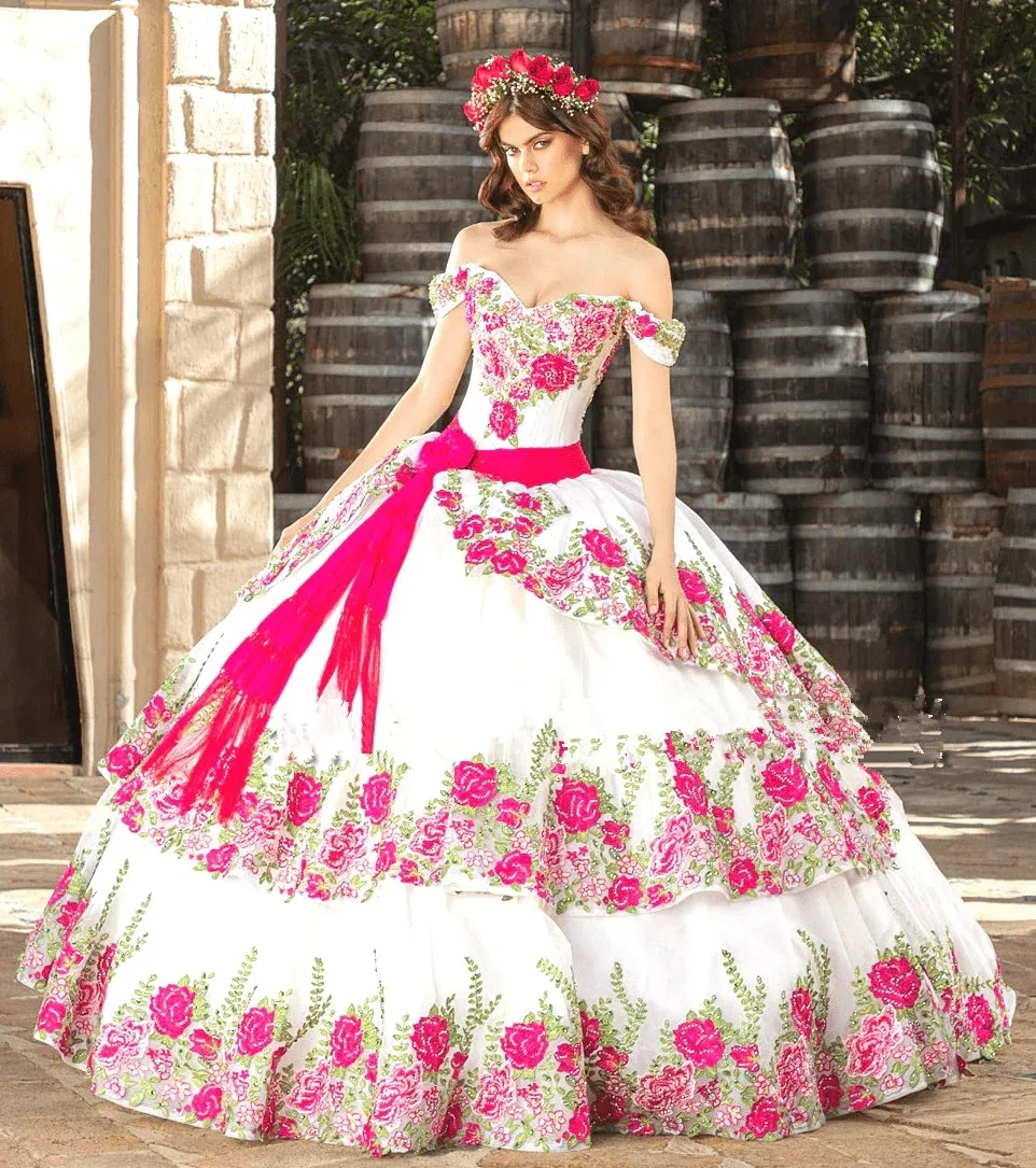 Puffy Mexican Quinceanera Dresses Ball Gown Off The Shoulder Tulle Appliques Charro Sweet 16 Dresses 15 Anos