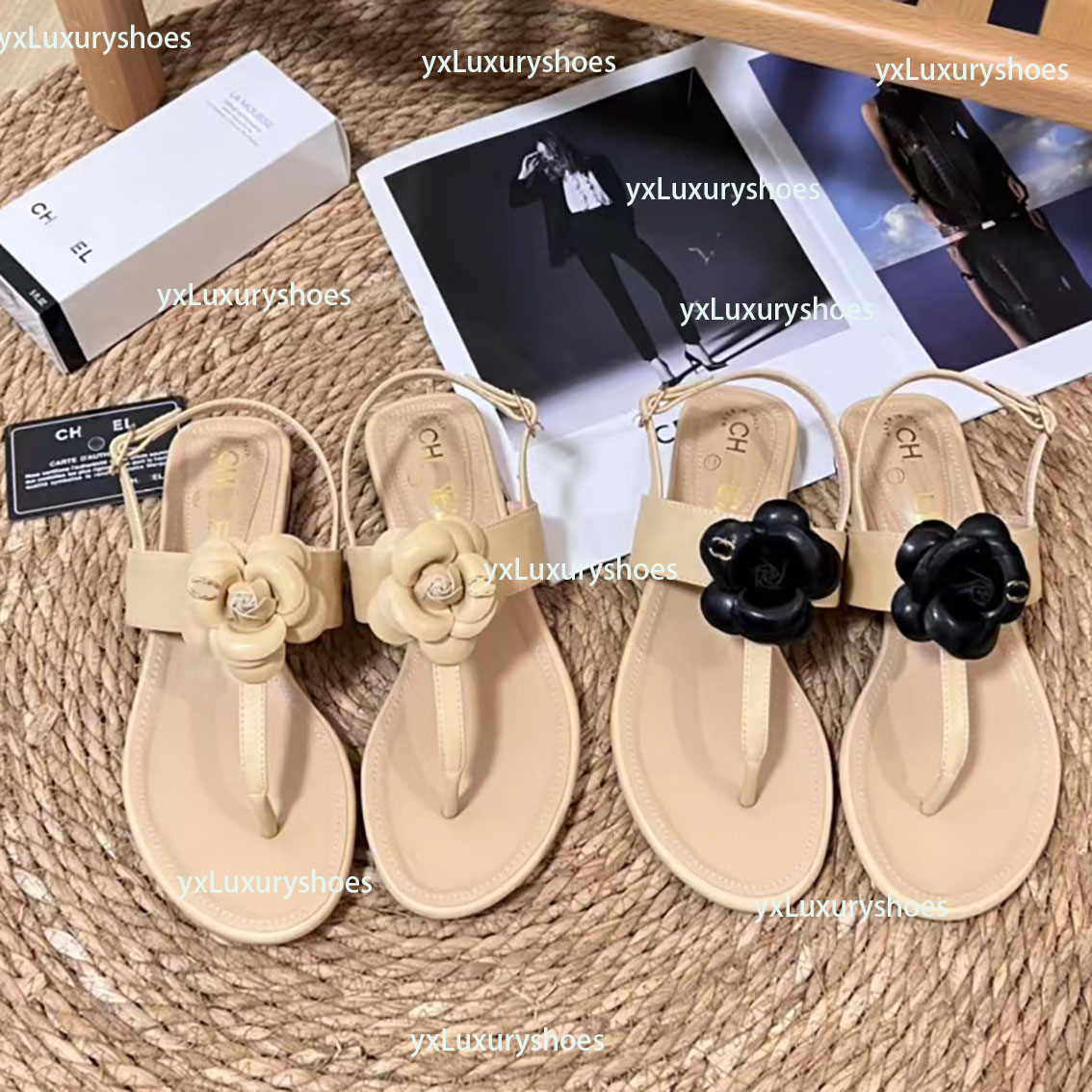2024 Designer Paris new women's luxury high quality camellia decorative sandals summer fashion casual wide flat comfortable sandals women's 2c logo summer sandals