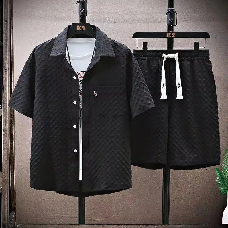 Summer Men Sets Casual Oversize Plaid Lapel Short Shirts Shorts TwoPiece Solid Sleeve Loose Fashion Streetwear 240601