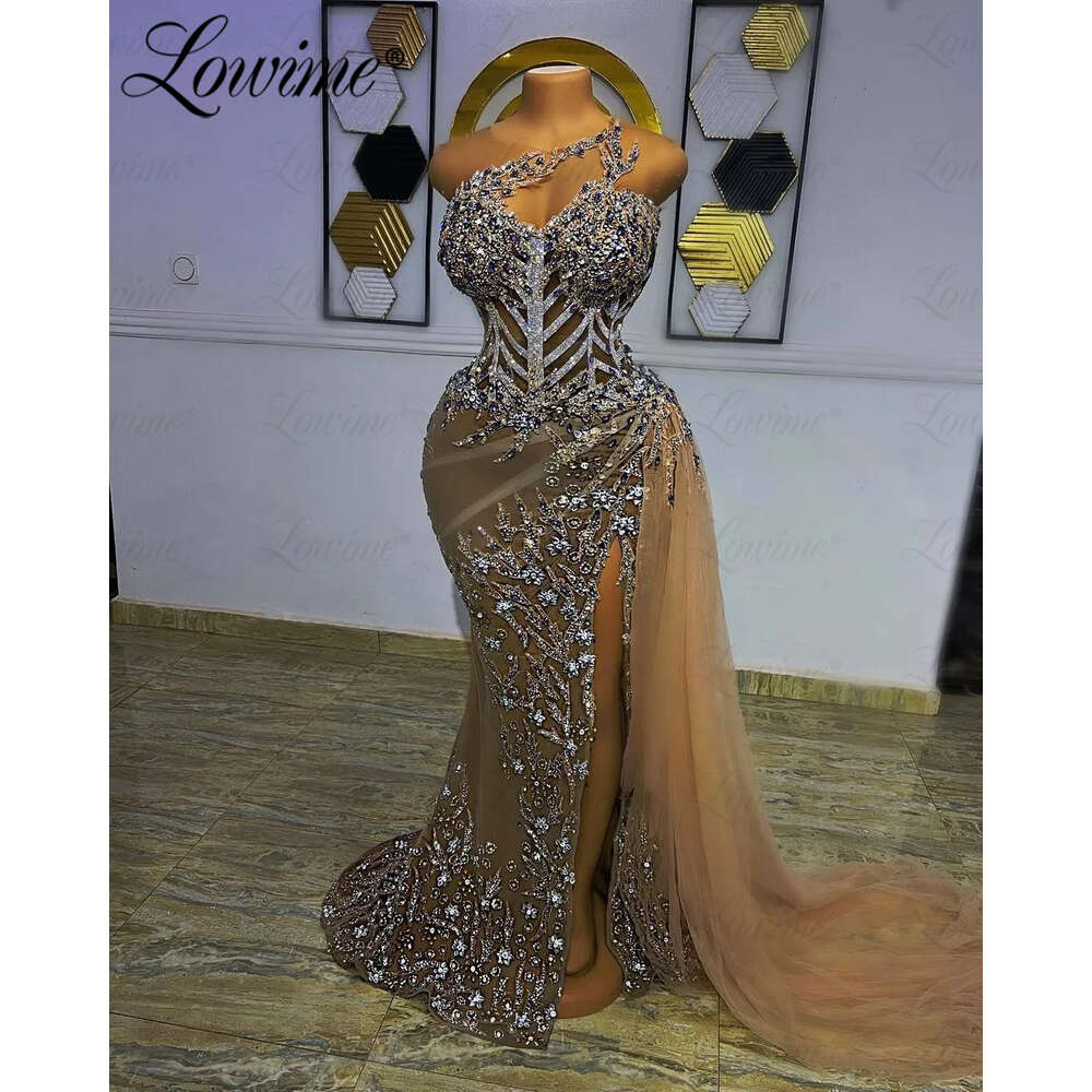 Sexy See Through Party Dresses For Weddings 2023 Custom Made Crystals Beaded Long Prom Dress High Split Side Evening Gown