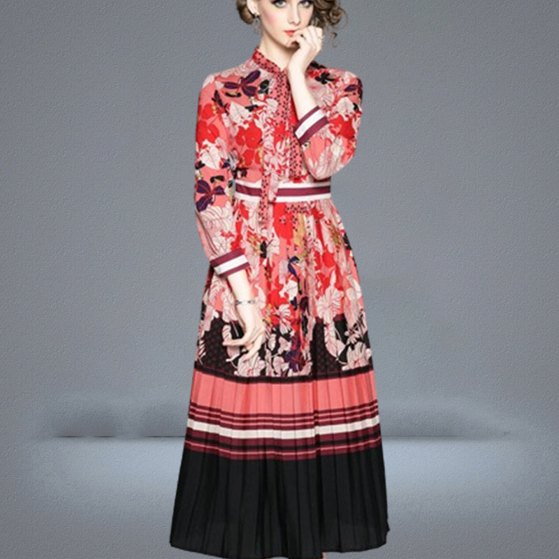 Womens Bow Printed Dress Long Sleeve Spring Autumn Midi Dress Highend Elegant Lady Pleated Dresses Boutique Retro Dress