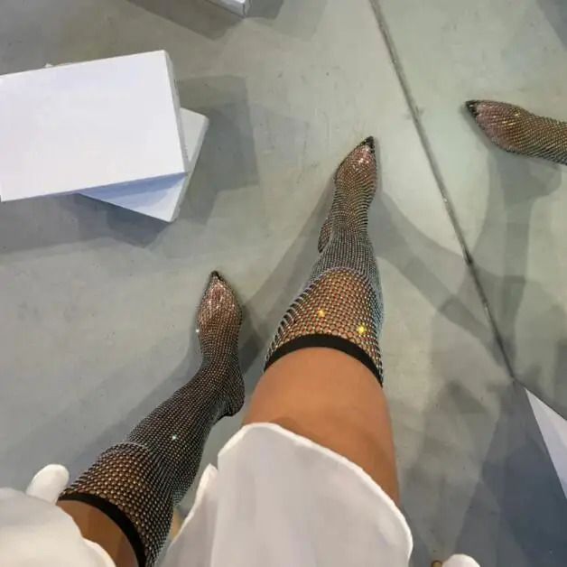 2024 Full Rhinestone Mesh Summer Boots Women Thigh High Over The Knee Sandals Banquet all match womens pointed toe boots 240620