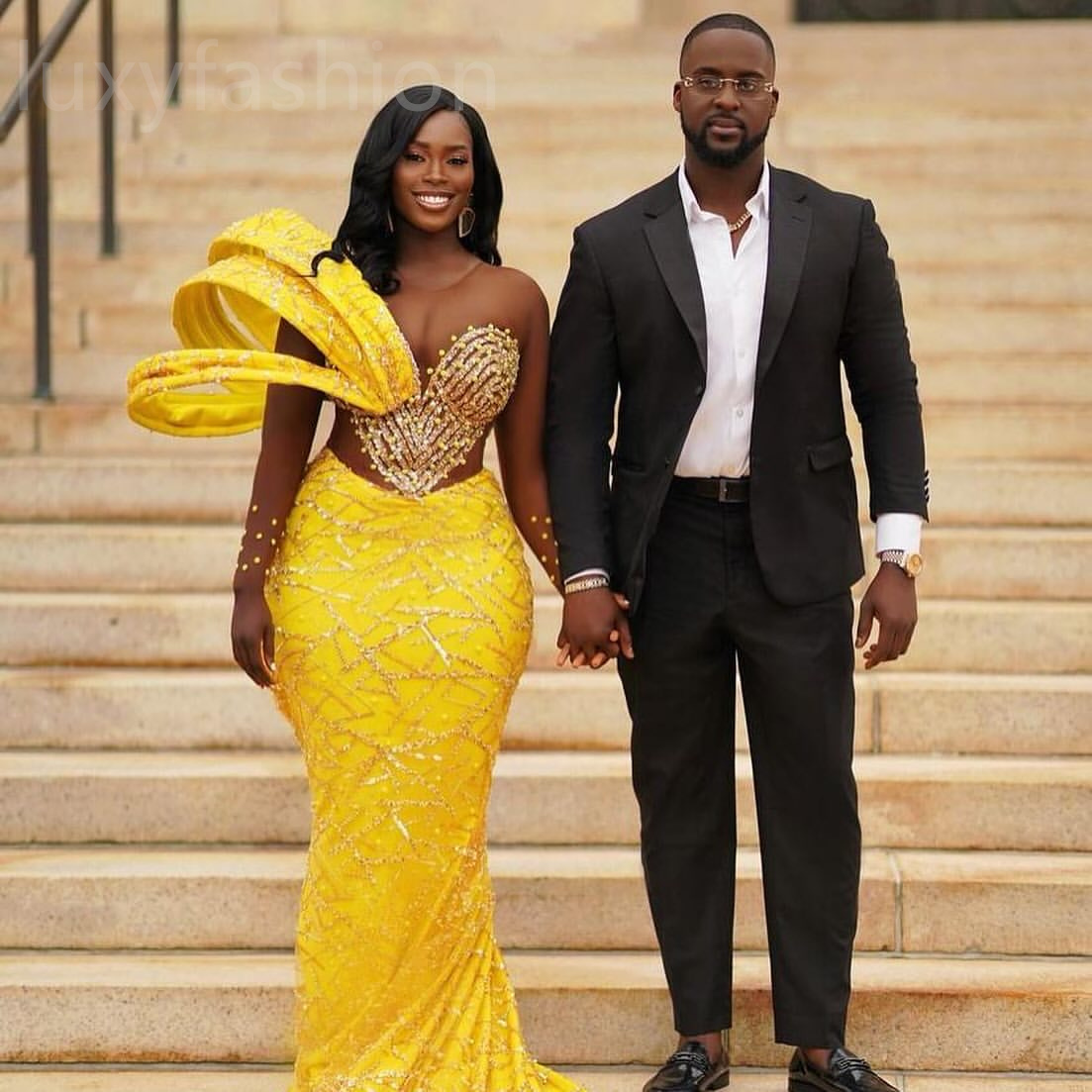 Aso Ebi 2024 Yellow Mermaid Prom Dresses Beaded Sequined Lace Evening Party Formal Second Reception Birthday Enagement Thanksgiving Dress Gowns LF075