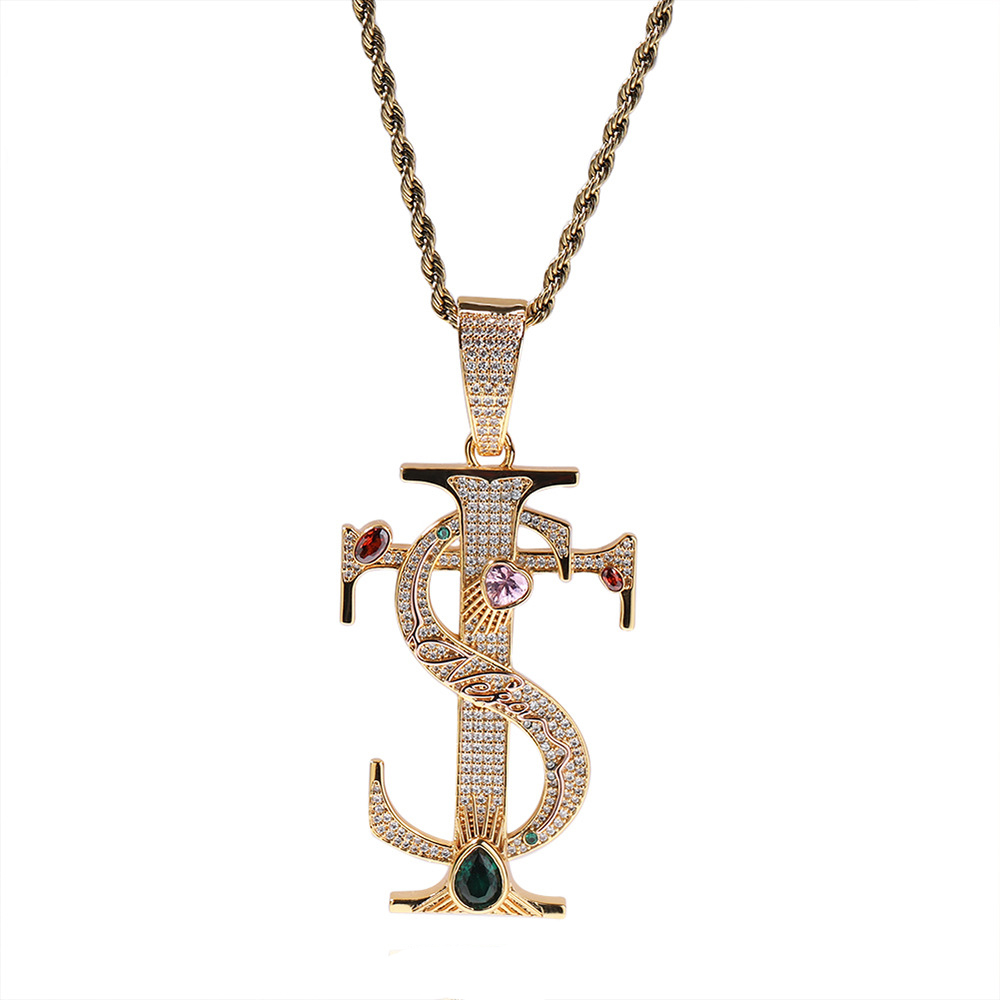 Hip Hop TS Cross Pendant Necklace Colorful 5A Zircon Real Gold Plated Jewelry