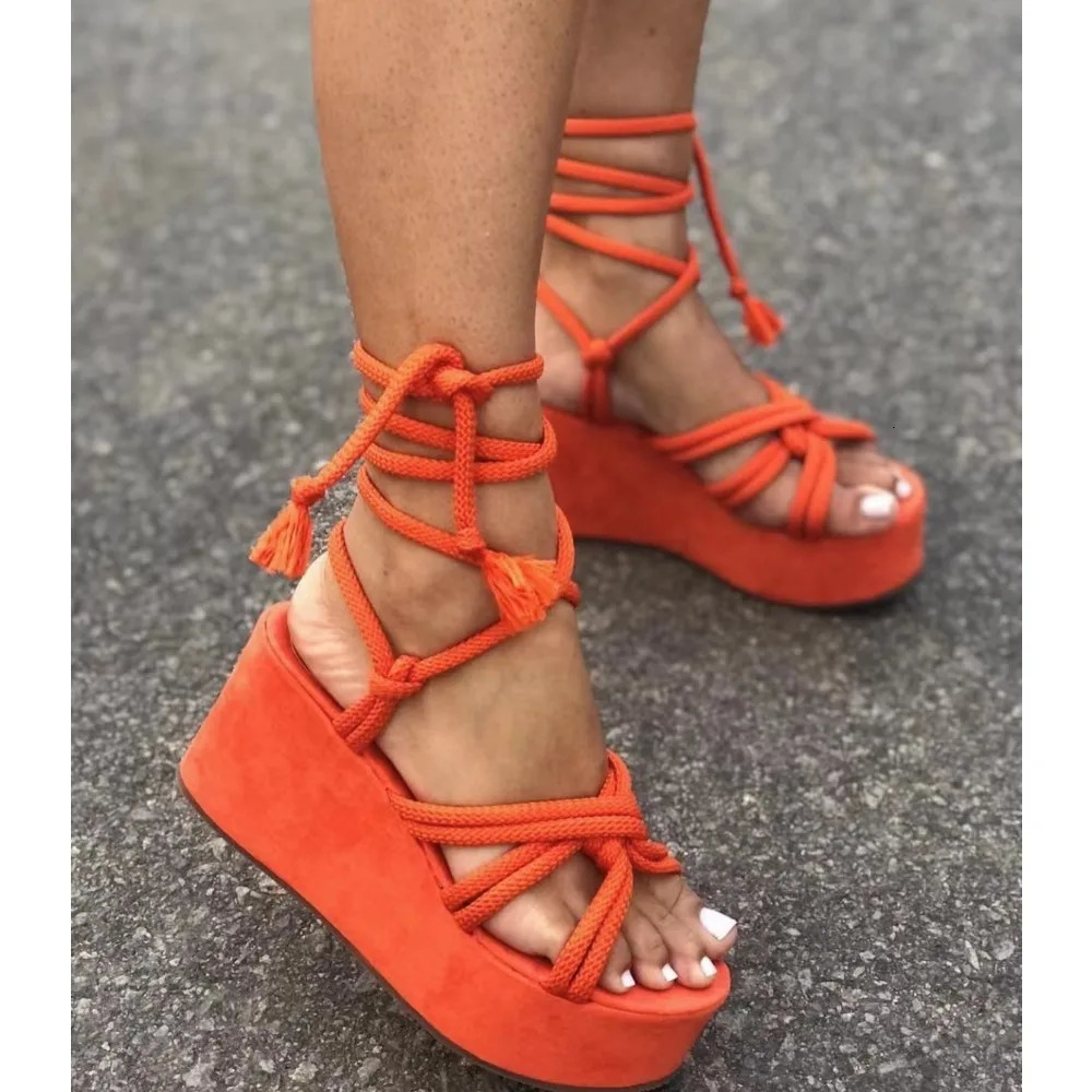 Platform Wedge Strappy Sandals Women Fashion Round Toe Cross Tied Open Toe Women Sandals Platform Sandals Zapatos De Mujer 240605