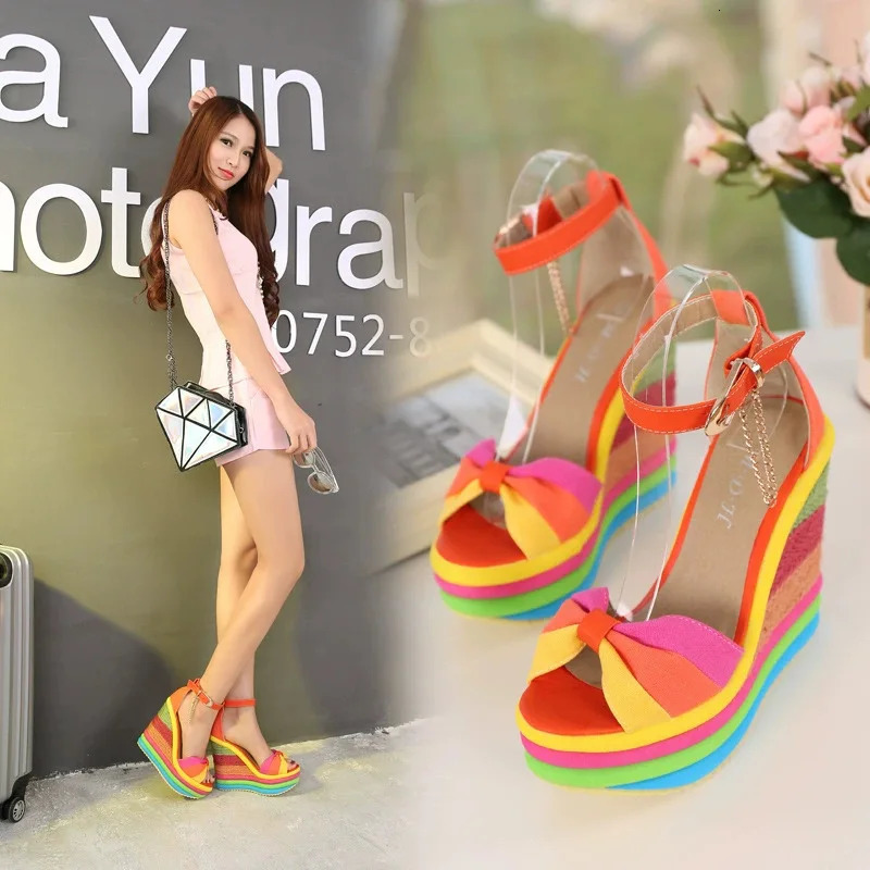 Womens Summer Wedge Sandals Colorful Platform Rainbow Bow Hem Womens Buckle Laces 240605